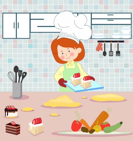 Background woman food icons. Cooking clipart kitchen work