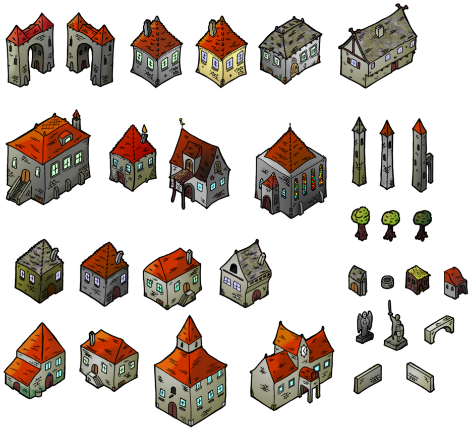 Houses isometric map elements. Cottage clipart medieval building