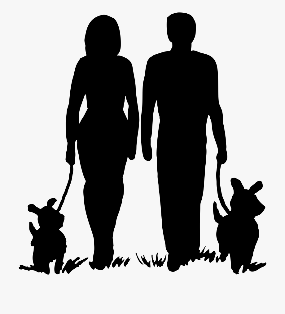 Couple walking their silhouette. Dogs clipart family