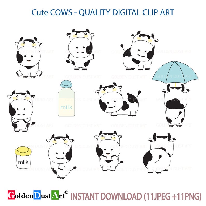 Cow clipart kawaii. Cute cows animal milk