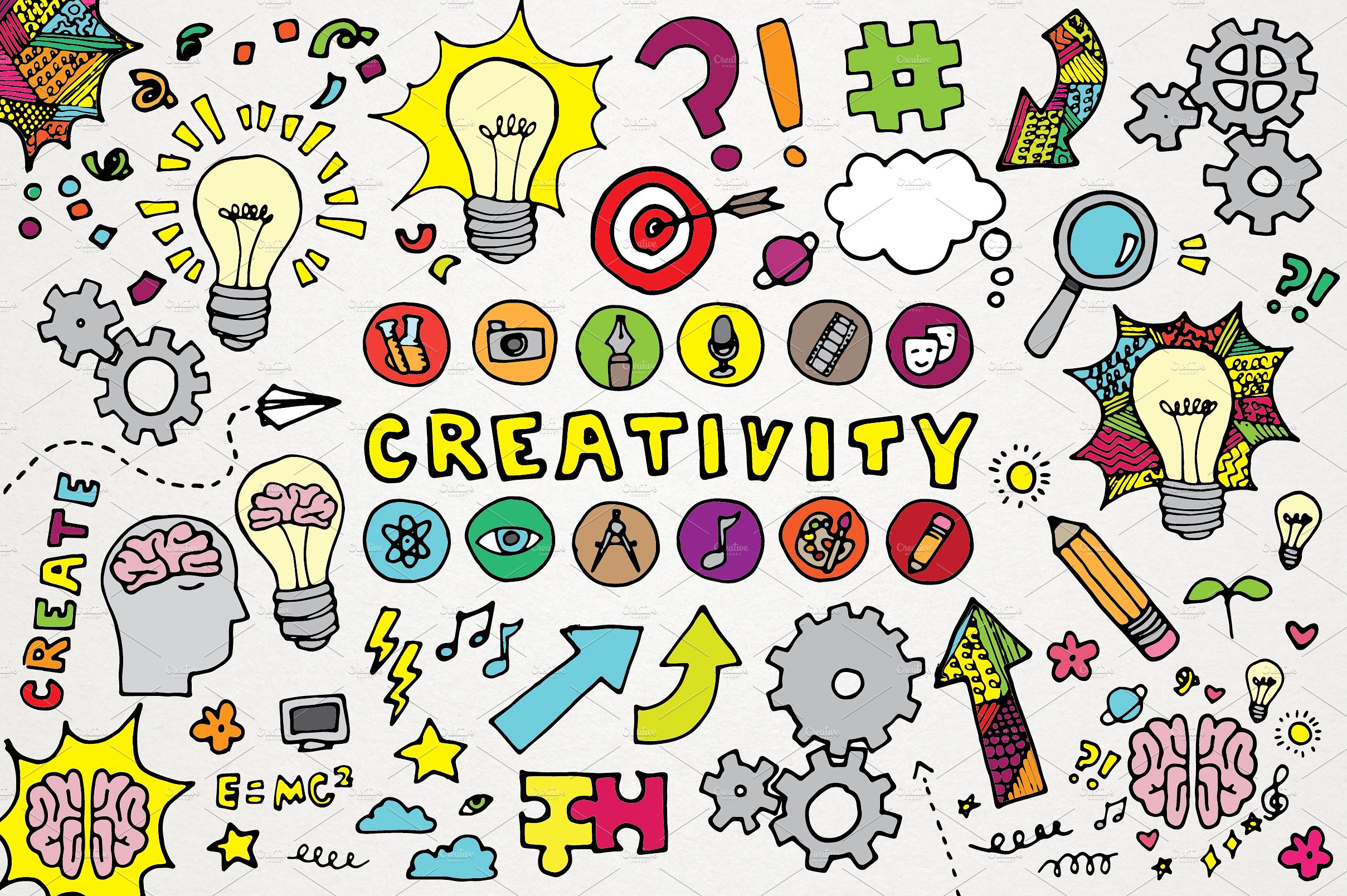 Creativity illustrations set market. Creative clipart