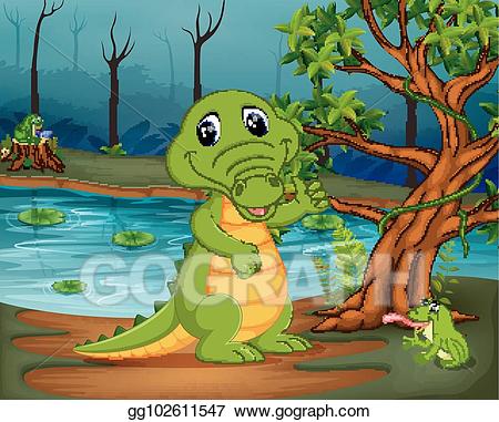 Crocodile clipart jungle. Vector illustration and frog
