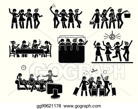 Crowd clipart group travel. Eps vector women hanging