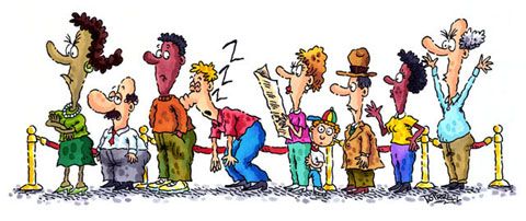 Cartoon people waiting in. Crowd clipart person comic