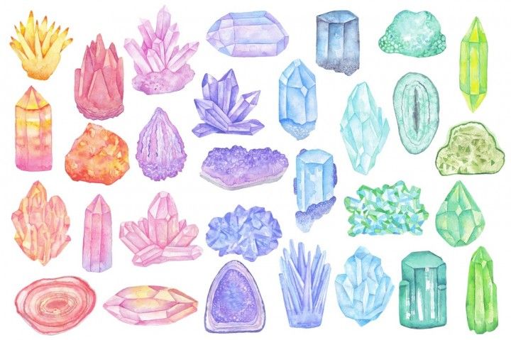 Crystal clipart mineral. Watercolor crystals minerals gems