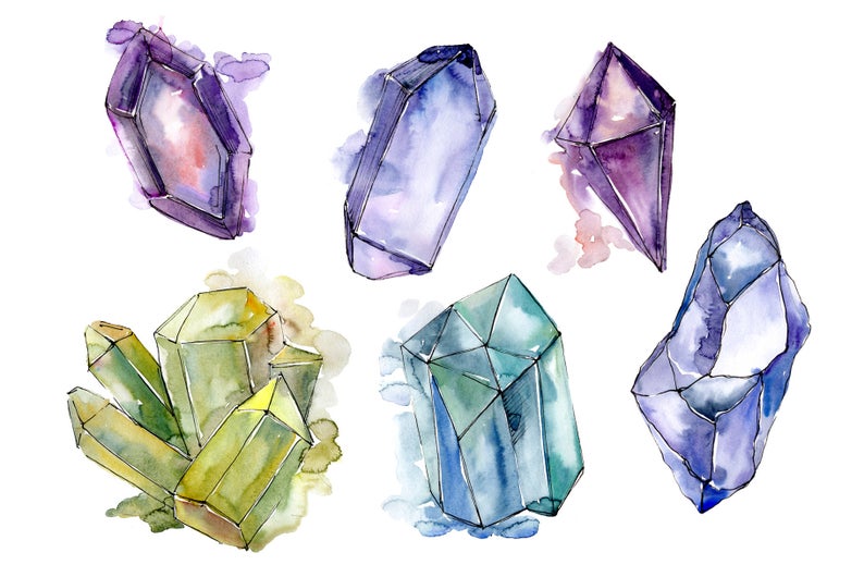 Crystals watercolor gemstone hand. Crystal clipart mineral