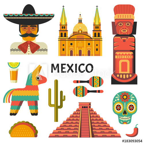 Mexico poster vector icons. Pinata clipart culture mexican