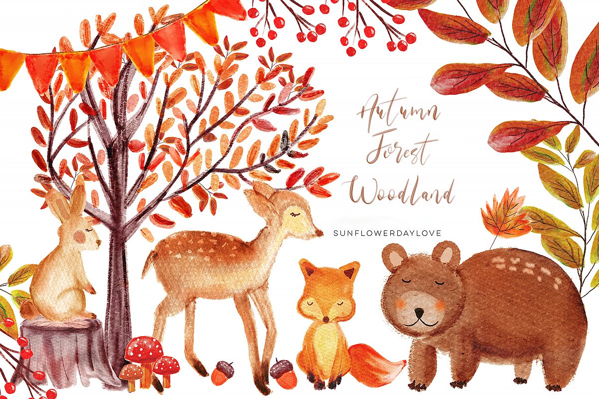 Deer clipart autumn. Forest woodland watercolor bear