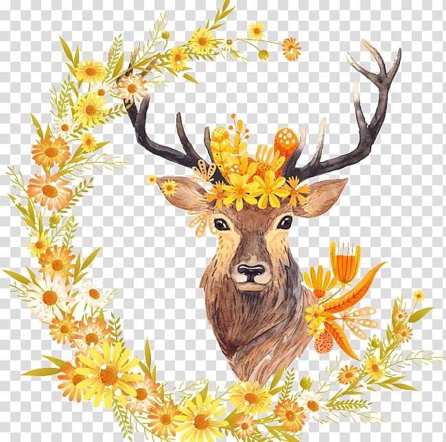 Brown and yellow flowers. Deer clipart autumn