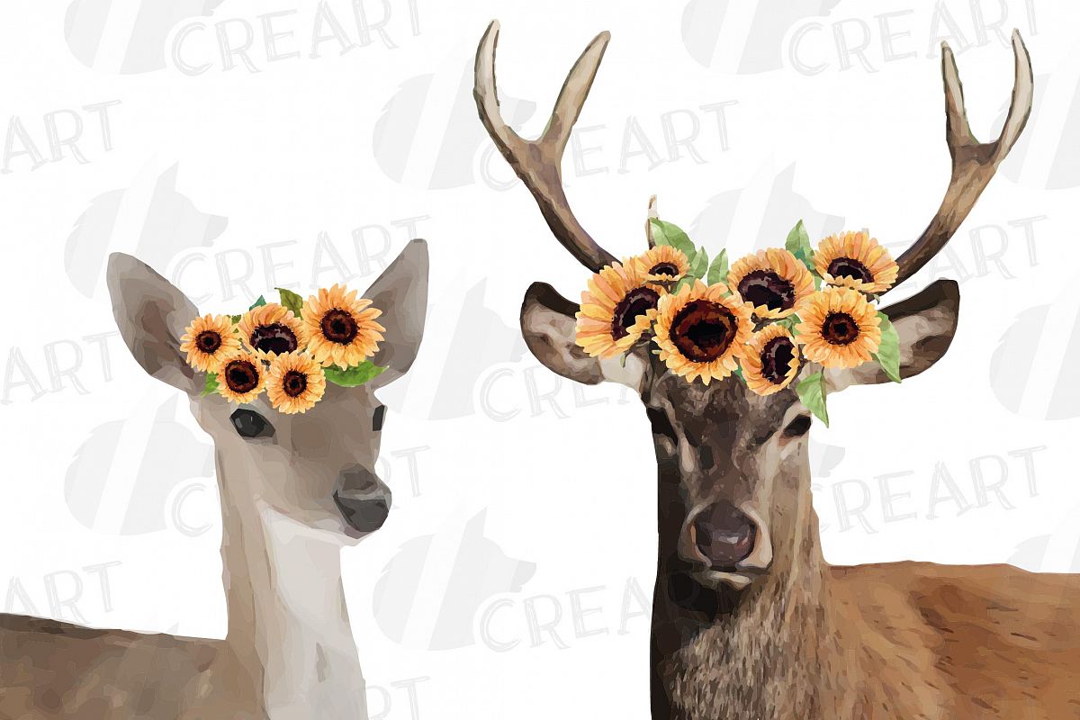 Deer clipart couple. With sunflower crown decoration