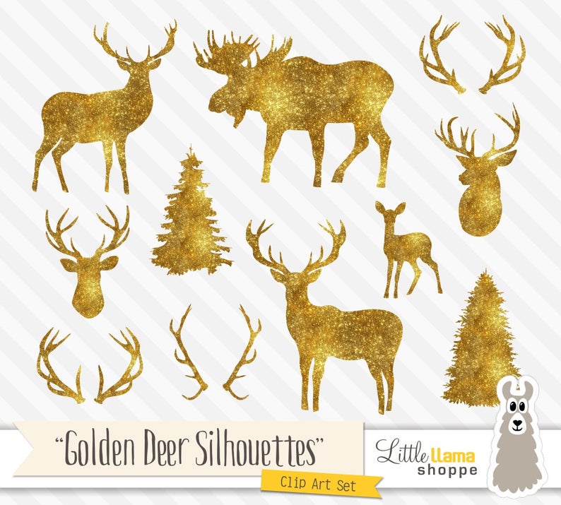 Deer clipart glitter. Gold silhouette antlers clip