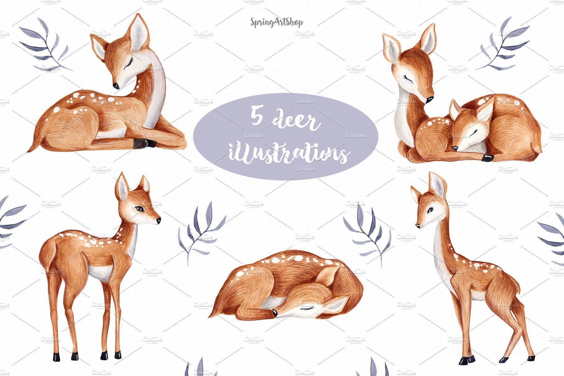 Cute baby watercolor designs. Deer clipart nursery