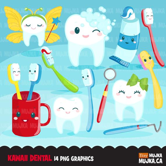 Colorful tooth dentist tools. Dental clipart kawaii
