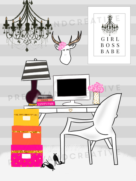 Desk clipart boss desk. Office girl scenery set