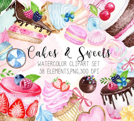 Dessert clipart candy. Watercolor desserts cakes cupcakes