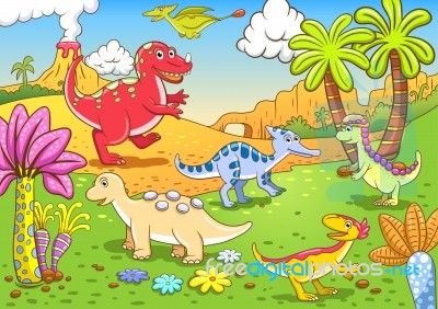 Dinosaurs clipart scene. Cute in prehistoric stock
