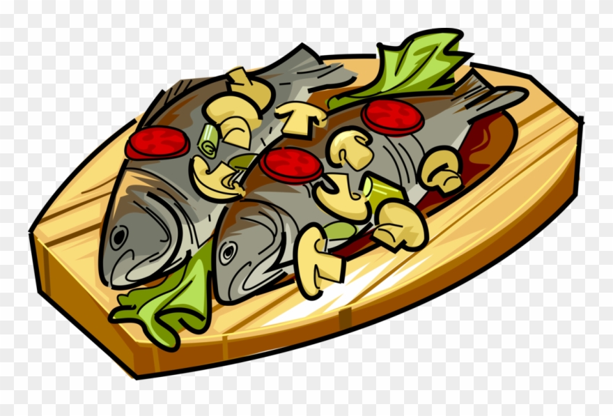 With mushrooms and tomato. Dishes clipart roast fish