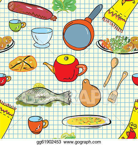 Dishes clipart crockery. Stock illustration seamless pattern