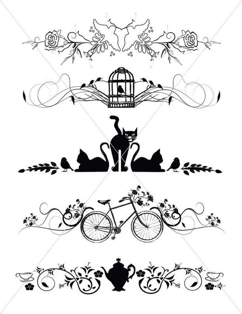Silhouette cats lines borders. Divider clipart bird