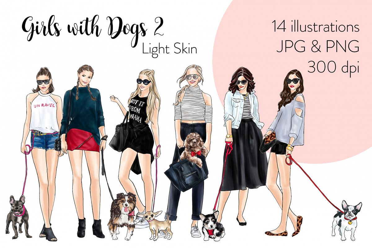 Illustration girls with light. Dogs clipart fashion