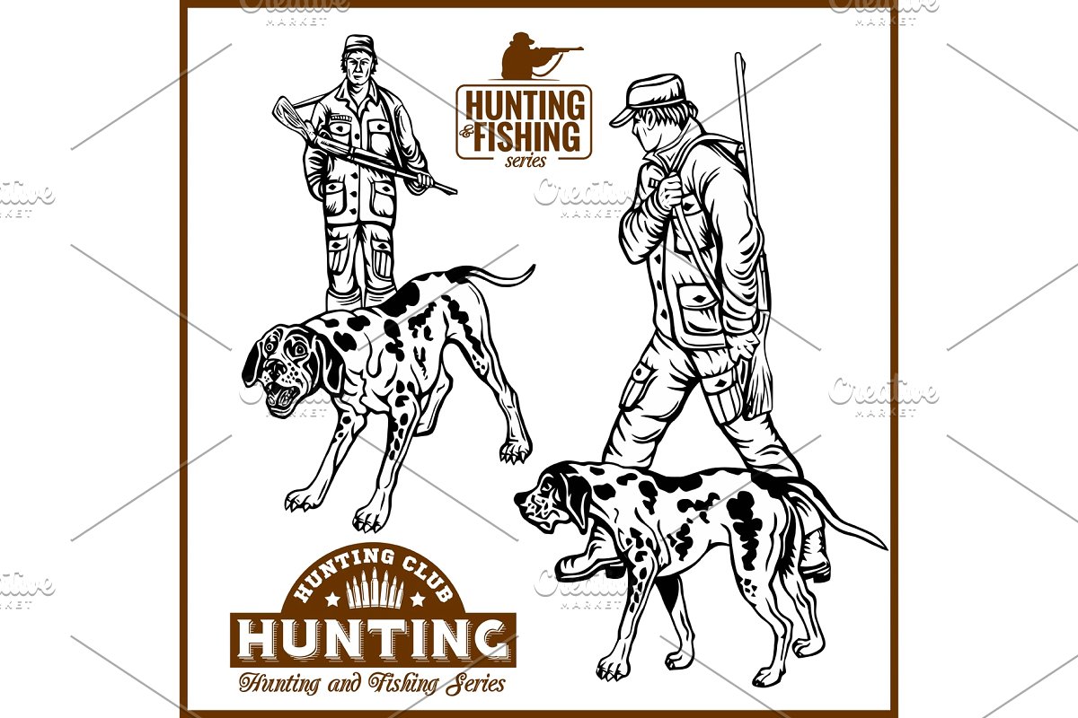 Hunters with retro . Dogs clipart fishing
