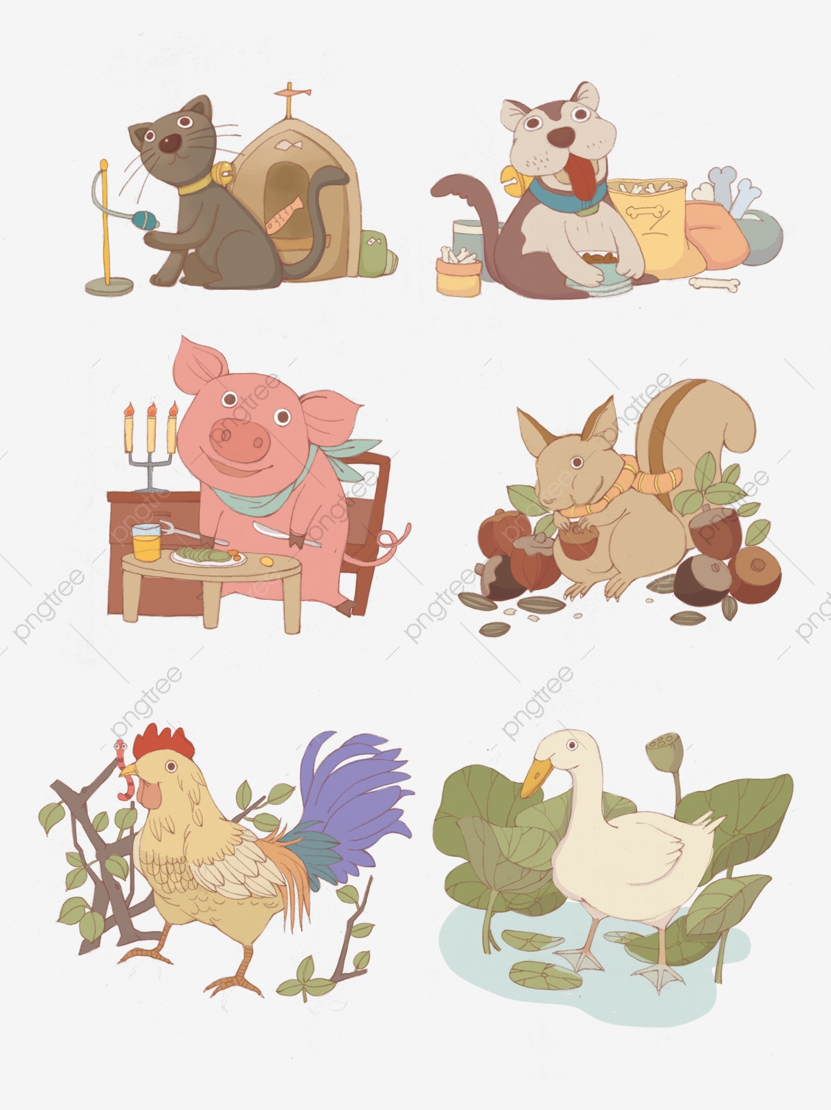 Hand drawn cat dog. Dogs clipart pig