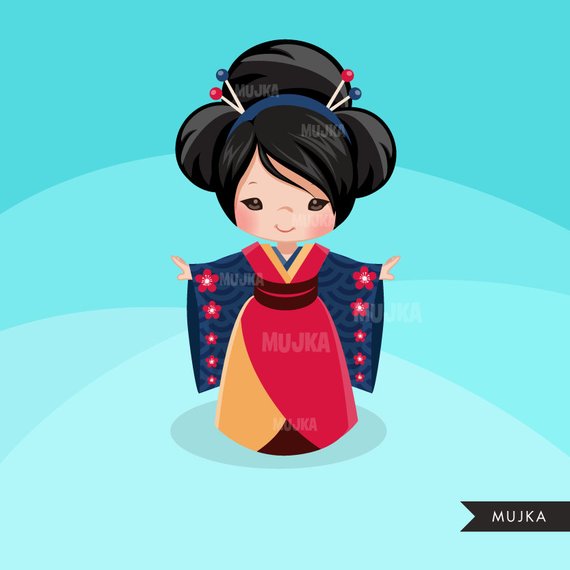 Doll clipart kimono. Geisha japanese kokeshi traditional