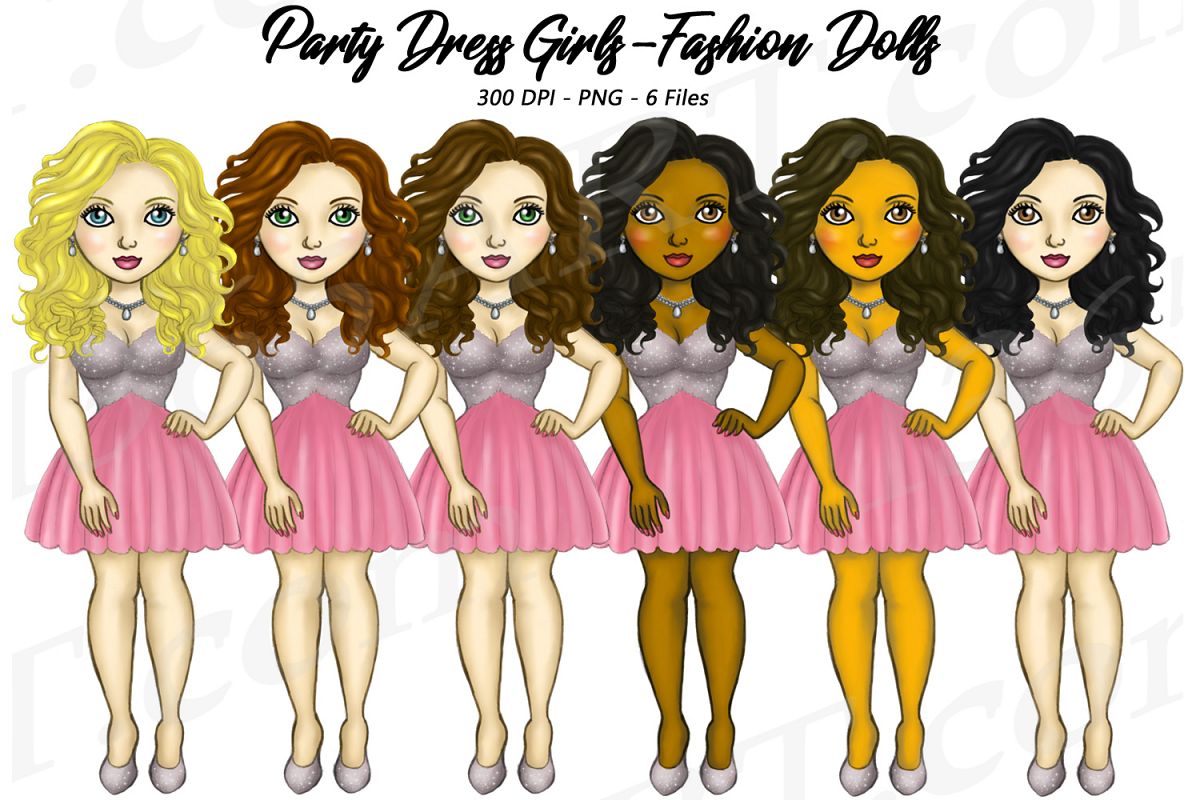 Dolls clipart party dress. Girls cute pink fashion