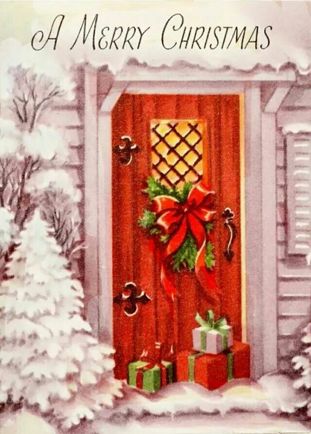 Holiday clipart door. Merry christmas vintage card