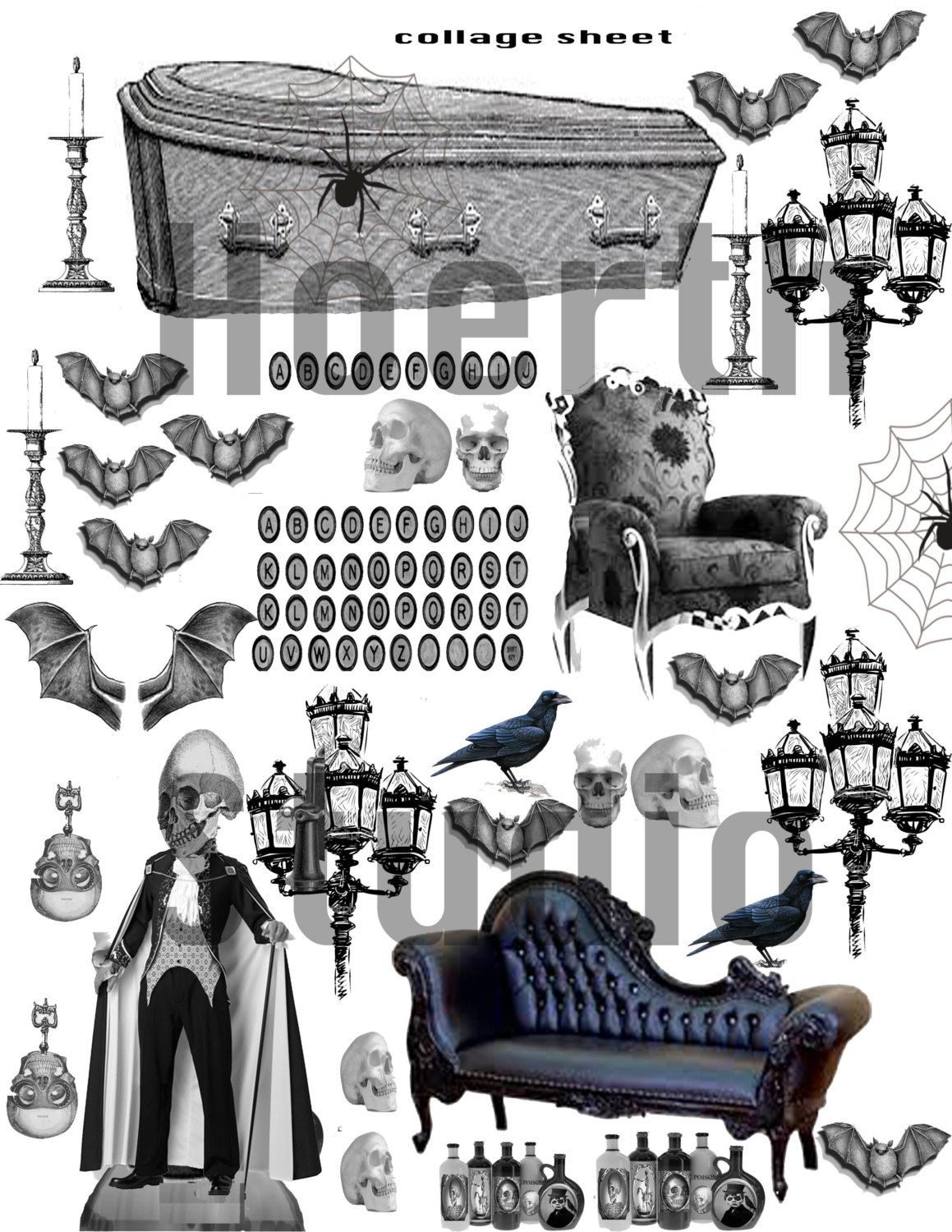 Printable halloween collage sheet. Dracula clipart victorian gothic