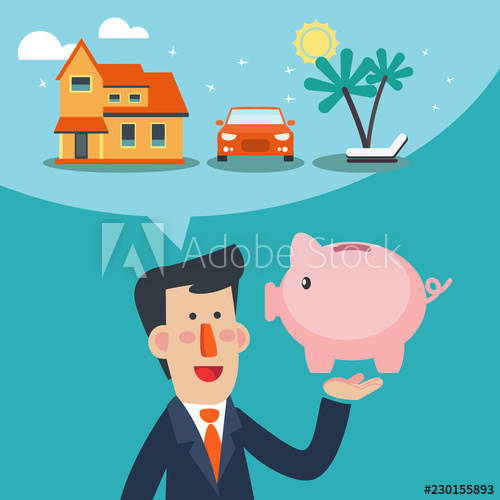 Man holds piggy bank. Dream clipart business future