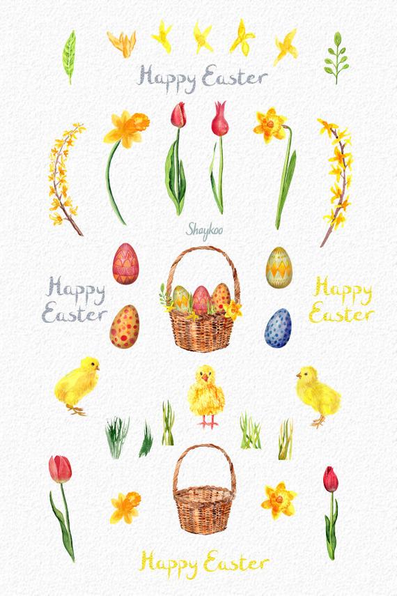 Watercolor spring chicks . Easter clipart floral
