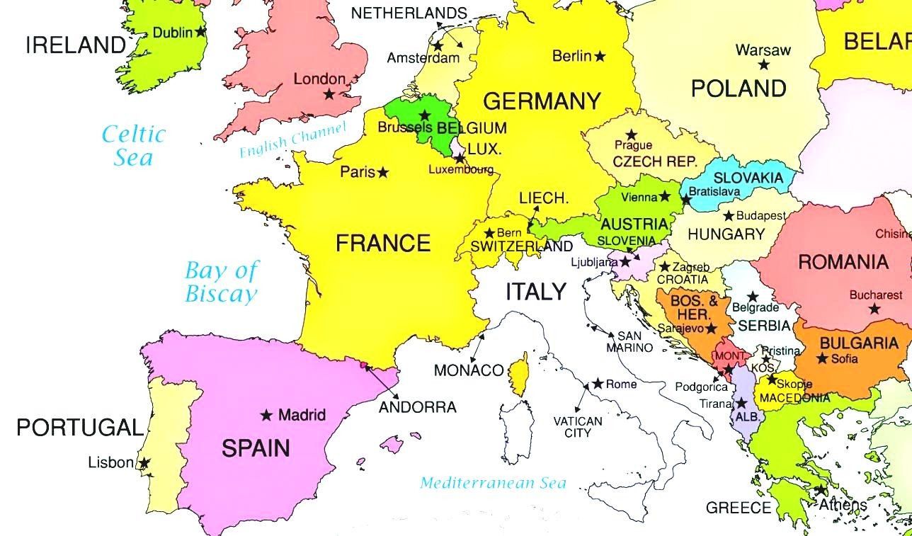 Map of labeled adventures. Europe clipart labled