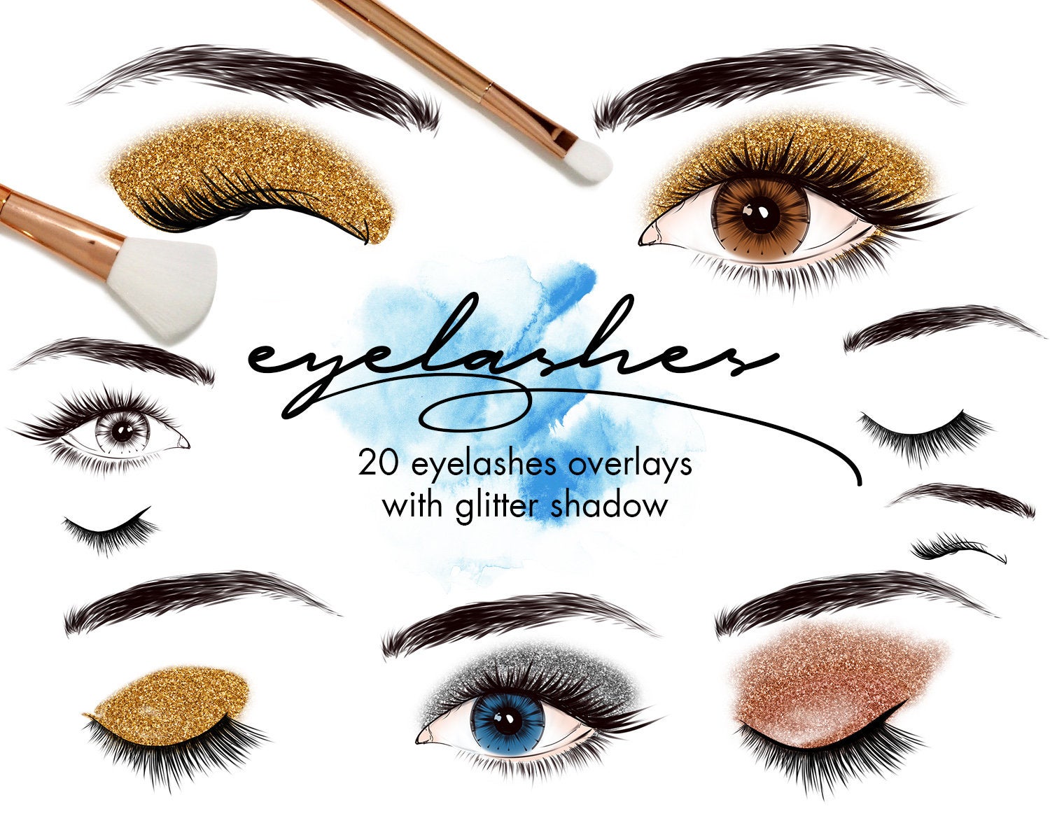 Gold glitter rose lashes. Eyelashes clipart eye makeup