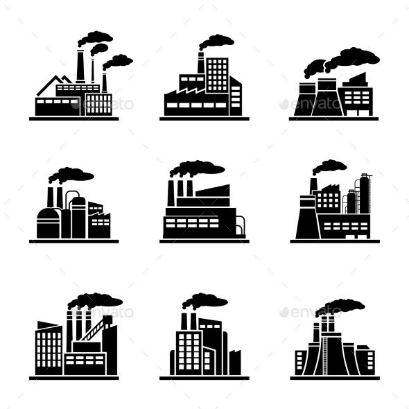 And industrial building icons. Factory clipart power plant
