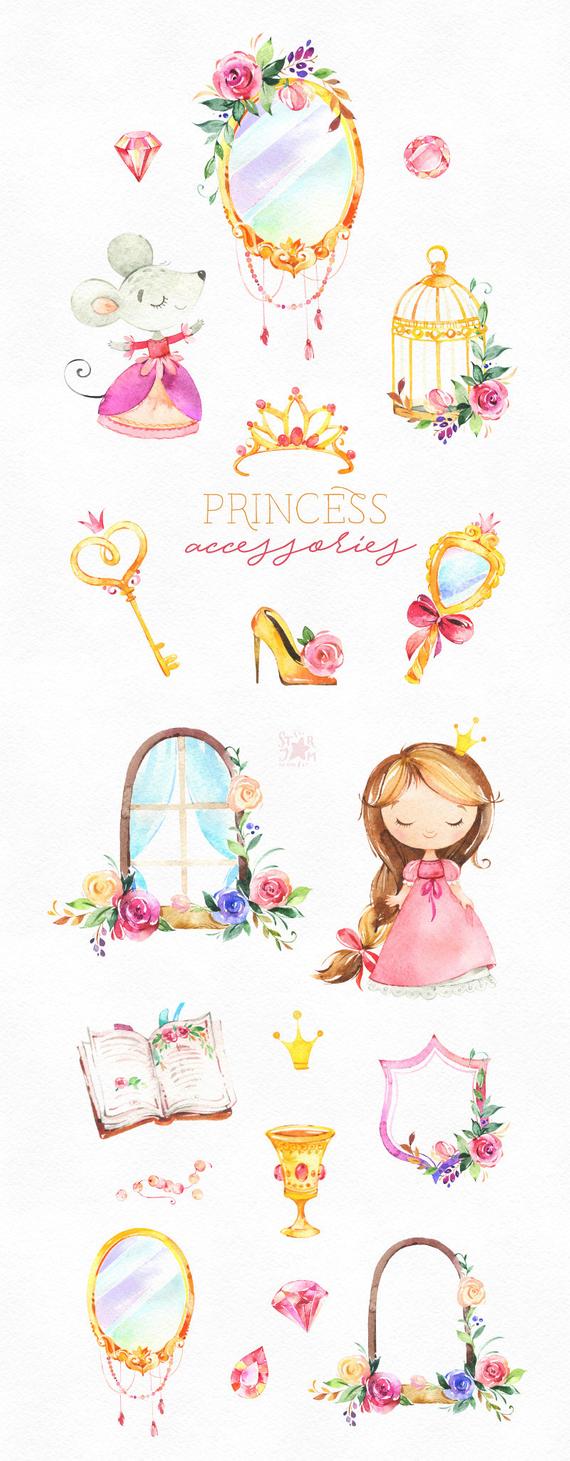 Fairytale clipart mirror. Princess accessories watercolor royal