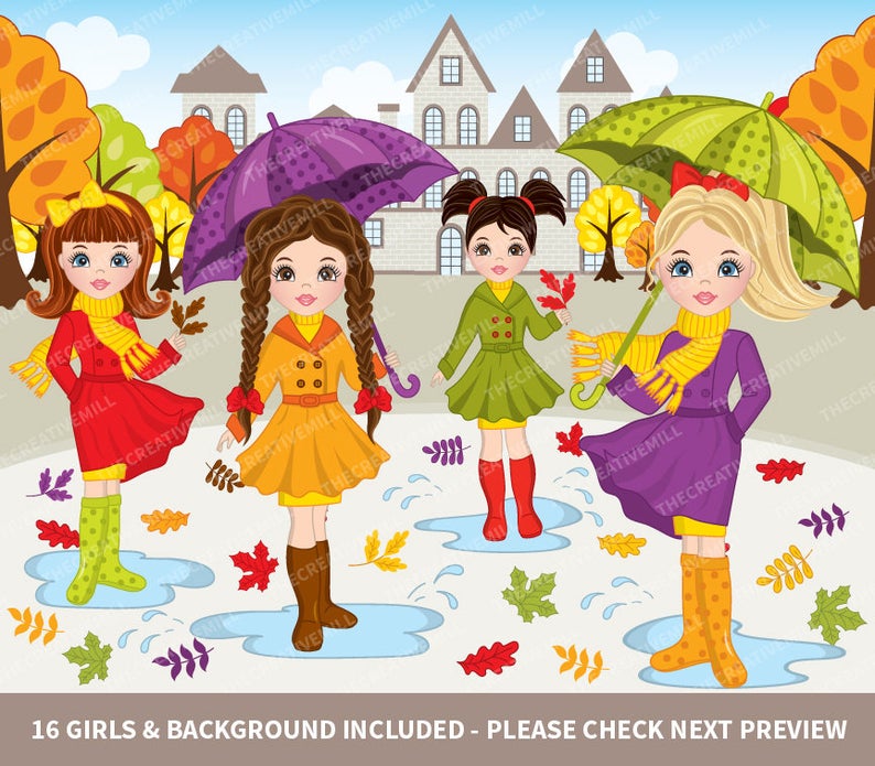 Fall clipart autumn girl. Girls vector clip art
