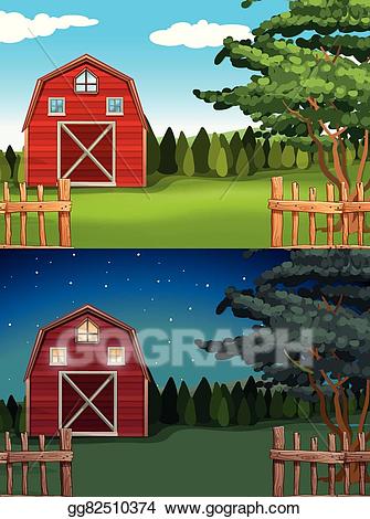 Farm clipart night. Vector illustration red barn