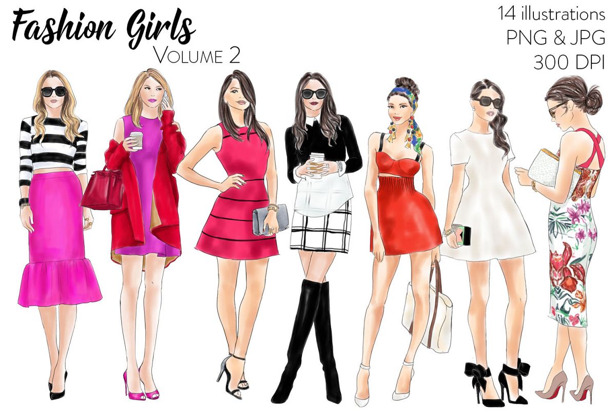 Fashion clipart fashion girl. Watercolour illustration girls volume