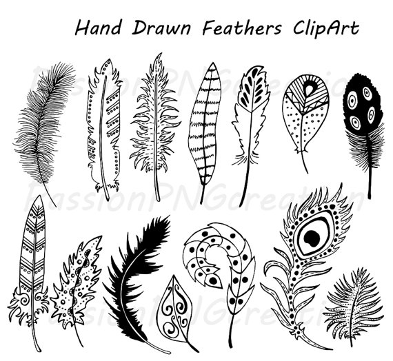 Feather clipart doodle. Hand drawn feathers digital