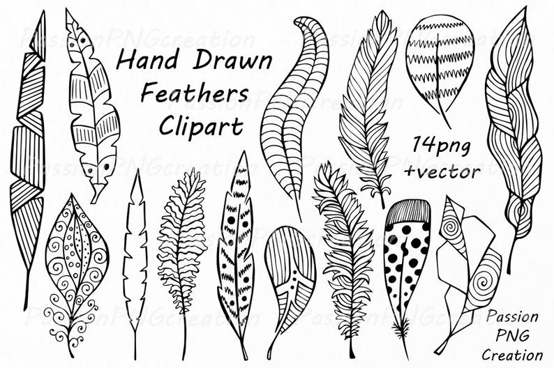 Feather clipart doodle. Hand drawn feathers digital