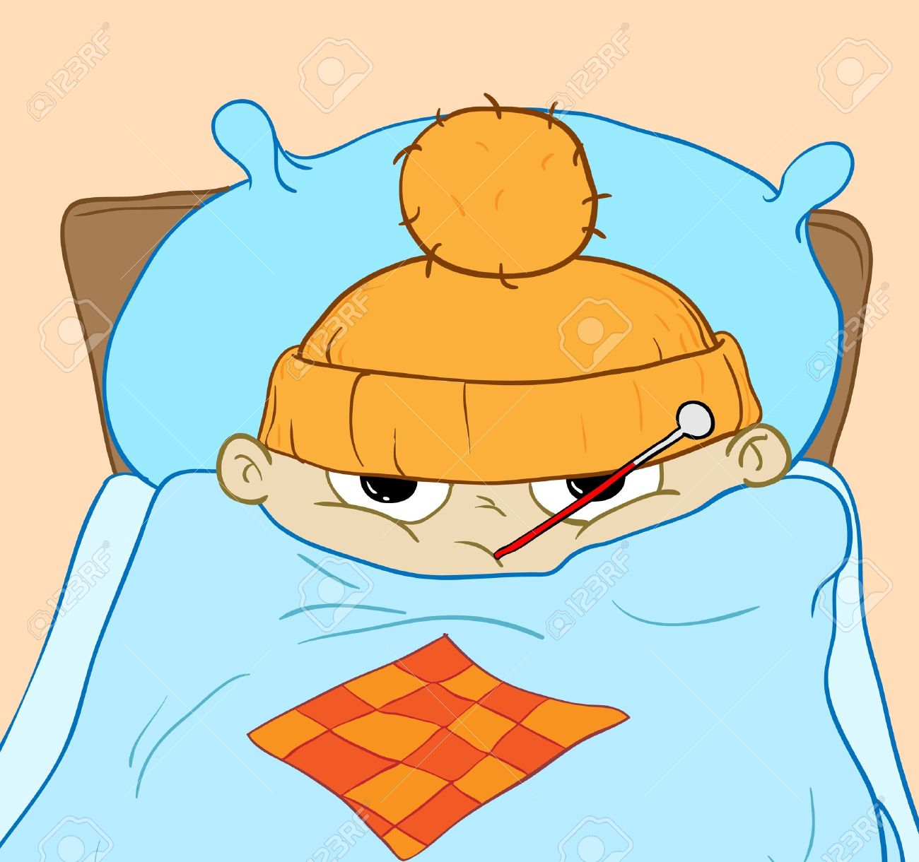 Fever clipart sick bed. Boy lying in panda