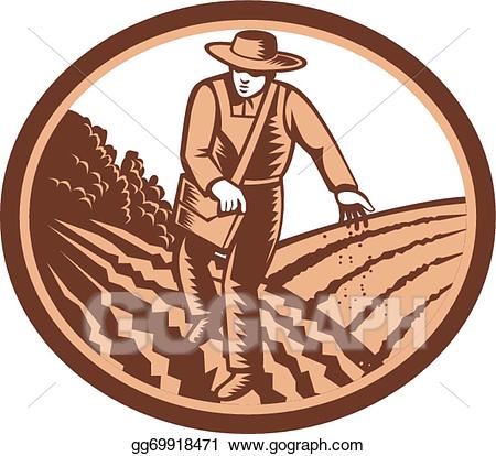Vector art farmer sowing. Field clipart organic