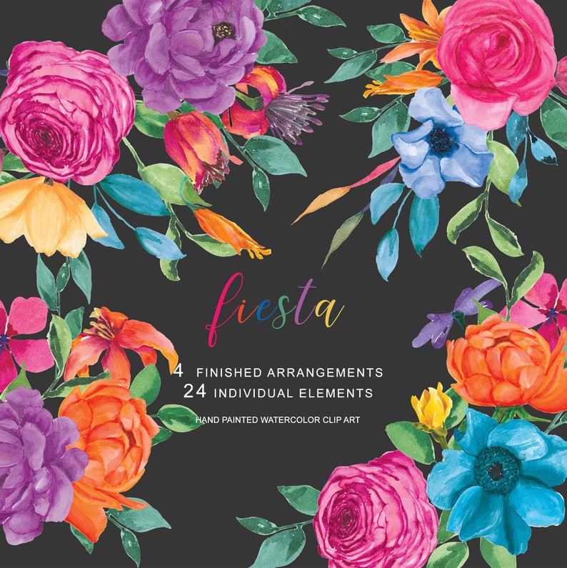 Fiesta clipart colorful. Floral hand painted watercolor