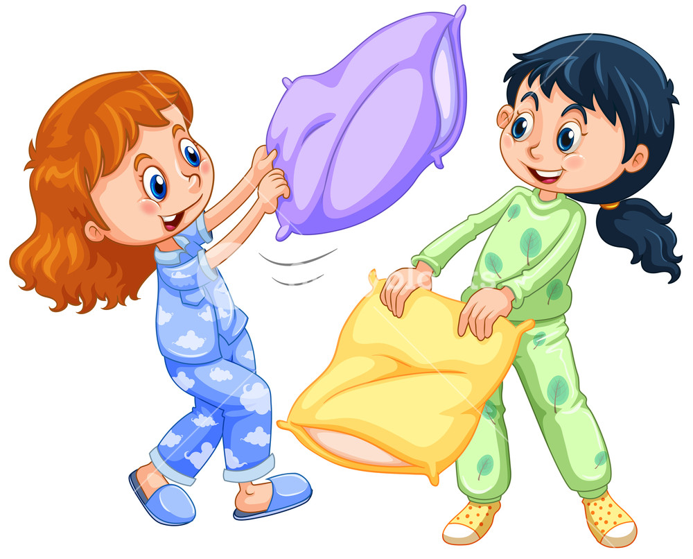 Girls playing pillow fight. Fighting clipart illustration