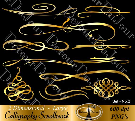 Gold flourishes metallic swirls. Filigree clipart calligraphy scroll