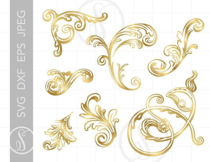 Svg print and cut. Filigree clipart gold baroque
