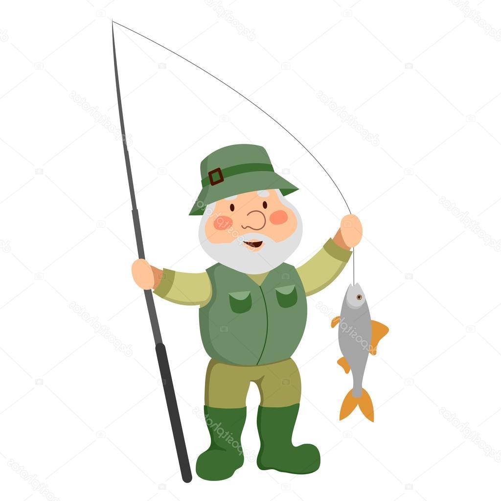 Top cartoon vector drawing. Fisherman clipart old fisherman
