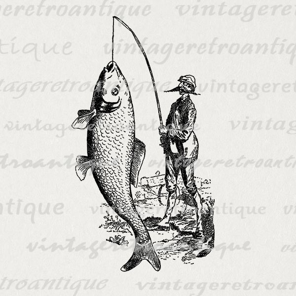 Fisherman clipart vintage fishing. Printable graphic catching big