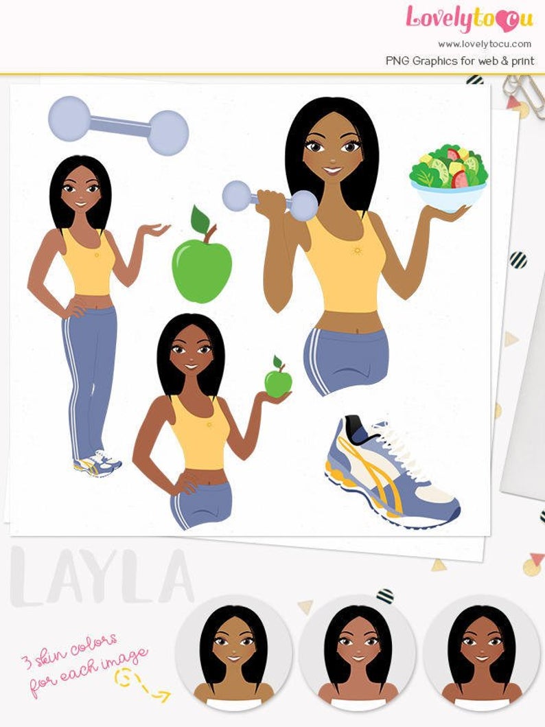 Woman character exercise illustration. Fitness clipart african american